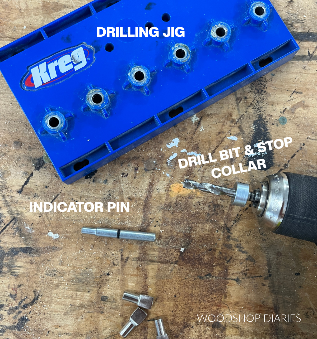 Shelf pin jig with drill bit and indicator pin labeled