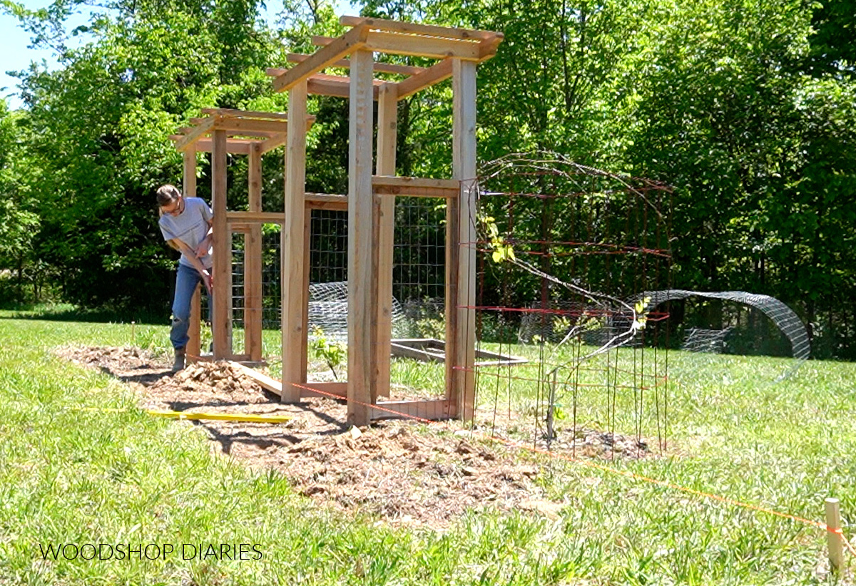 Shara Woodshop Diaries placing garden arbors at front of fenced garden along pulled string