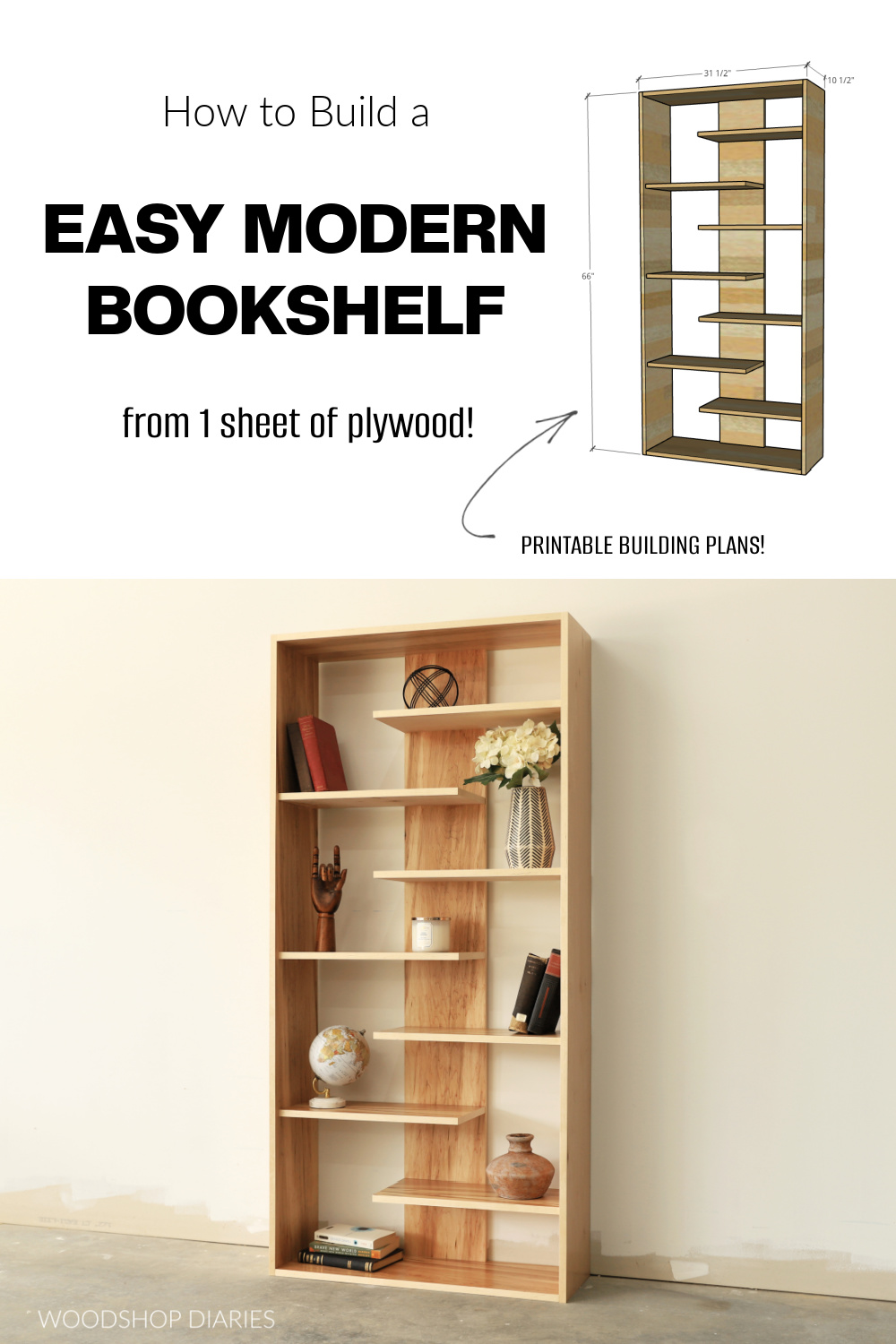 Pinterest collage image showing overall dimensional diagram at top and completed plywood bookshelf at bottom with text "how to build a easy modern bookshelf from 1 sheet of plywood"