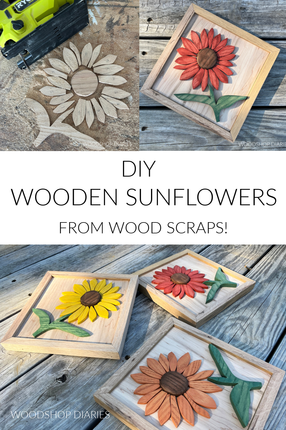 Pinterest collage showing flower pieces cut out on top left, completed red sunflower on top right, and all three together on bottom with text "DIY wooden sunflowers from wood scraps!"