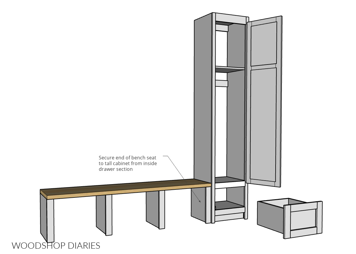 Diagram showing installing tall cabinet and bench seat next to it