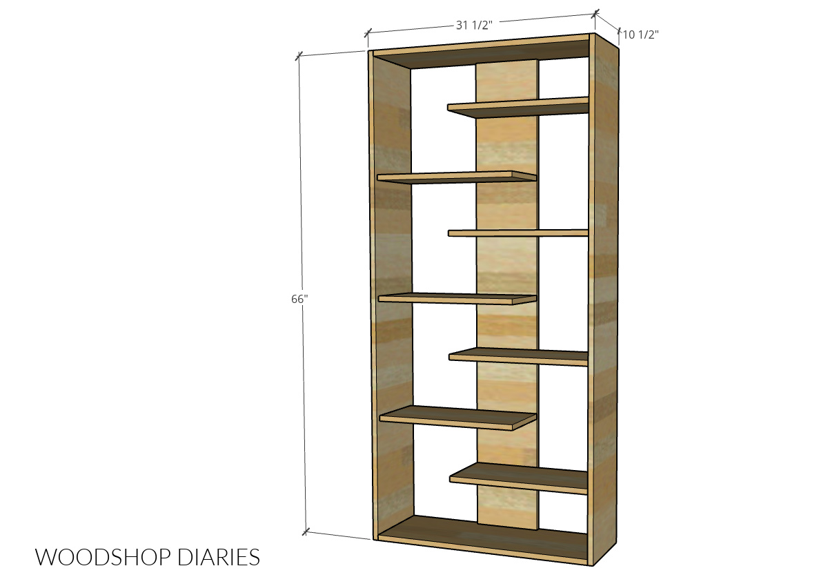 Overall dimensional diagram showing height, width, and depth dimensions of DIY plywood bookshelf