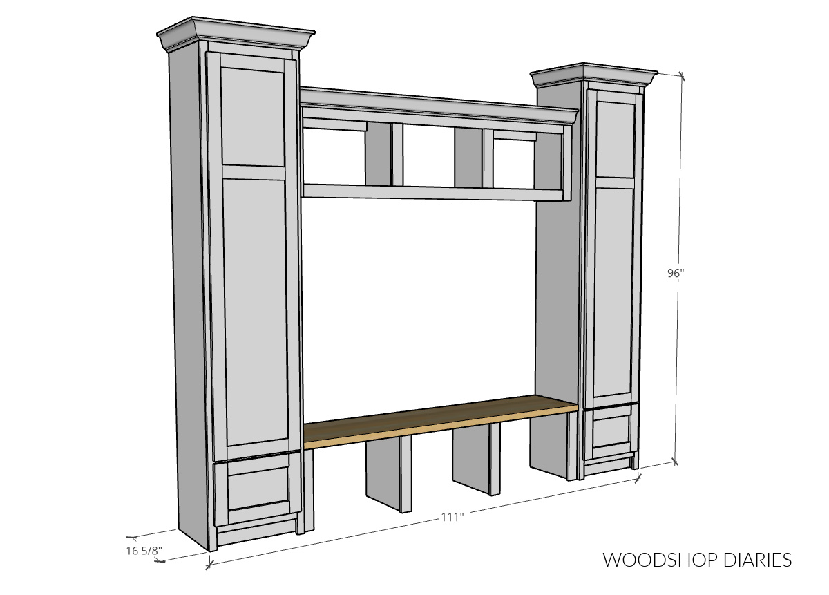 Overall dimensional diagram of built in DIY mudroom cabinets
