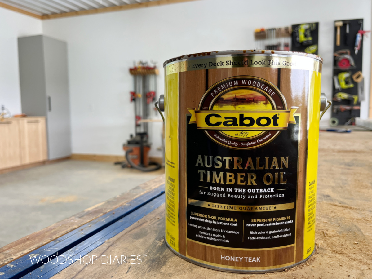 Cabot Australian timer oil can sitting on workbench