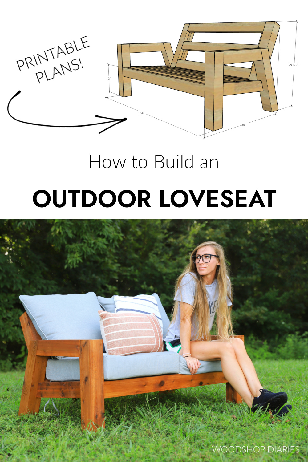 Pinterest collage image showing completed DIY outdoor loveseat with 2 outdoor cushions on bottom and dimensional diagram at top with text "how to build an outdoor loveseat printable plans"