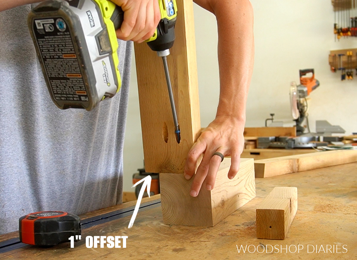 Assembling long sides of outdoor coffee table on workbench with pocket hole screws