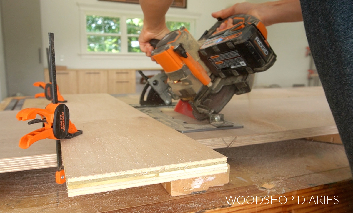 Using circular saw with bevel set to 45 degrees to cross cut plywood strip