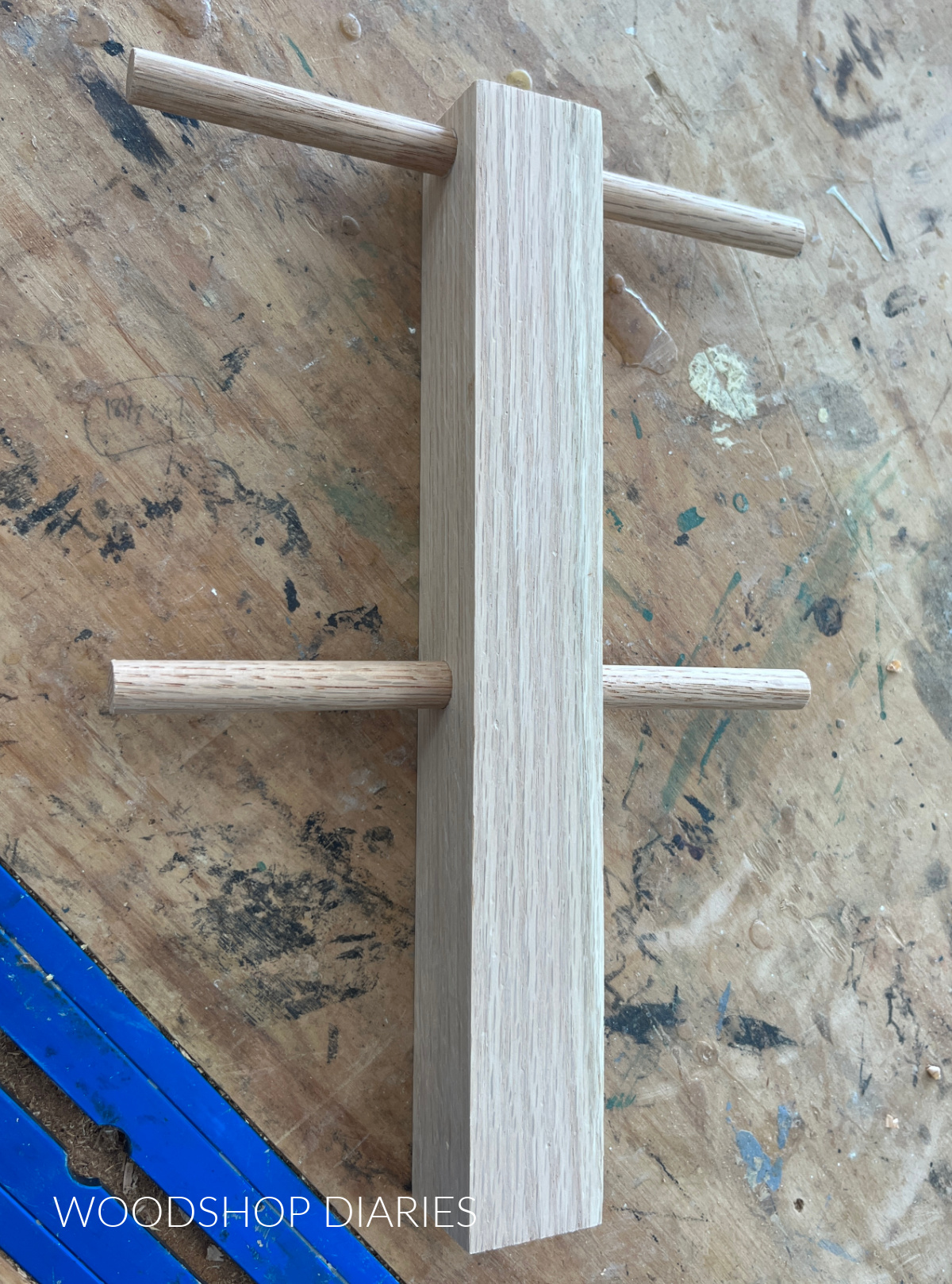 Mug holder post assembled--a 2x2 with 4 pegs made from ½" diameter dowels