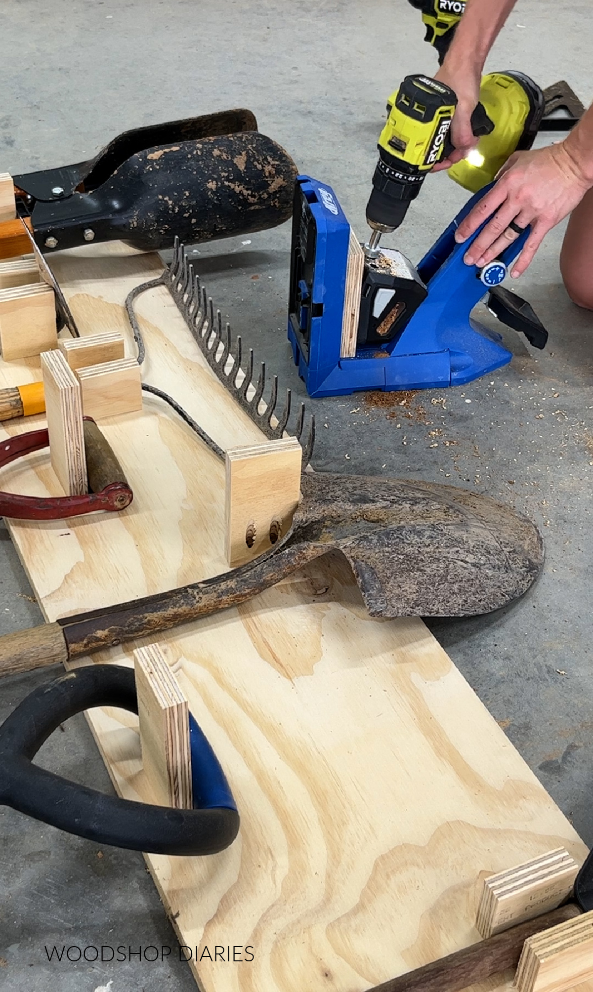 Drilling pocket holes with pocket hole jig into ends of each hanger piece