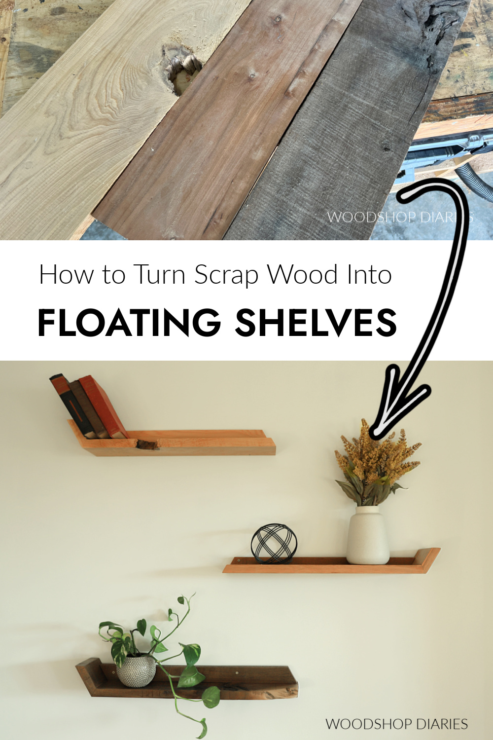Pinterest collage image showing three wood types at top and completed floating shelves at bottom with text "how to turn scrap wood into floating shelves"