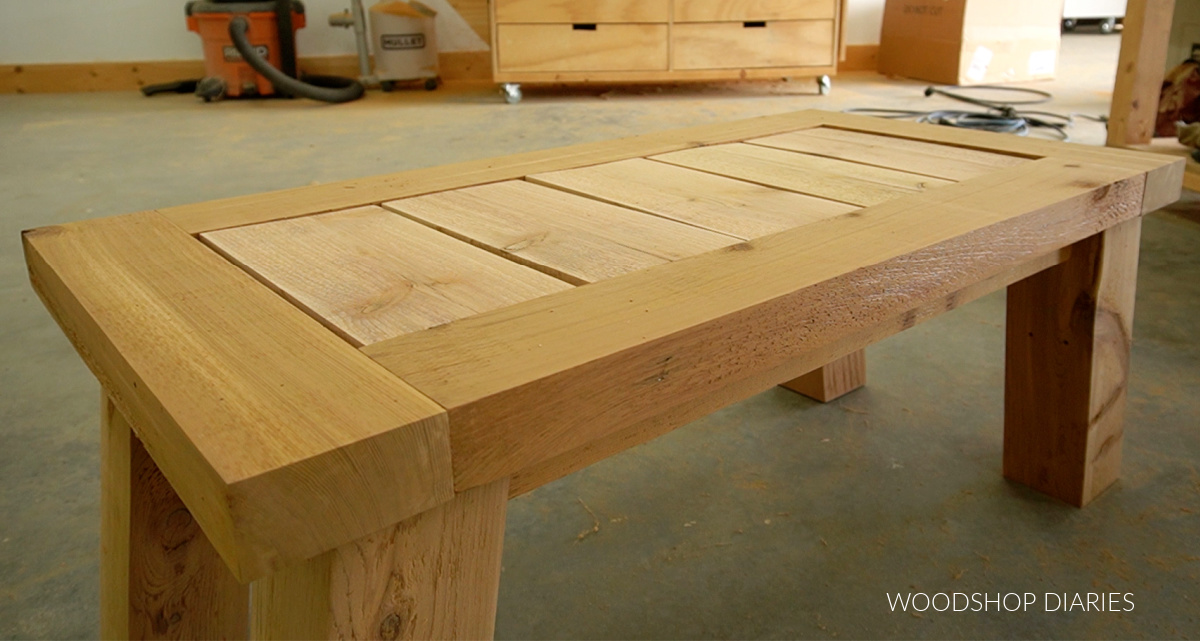 Cedar fence picket slats installed into top frame of coffee table