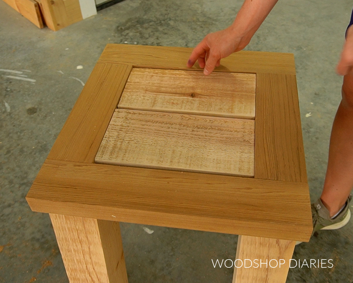 Placing fence picket slats into the top of an outdoor side table