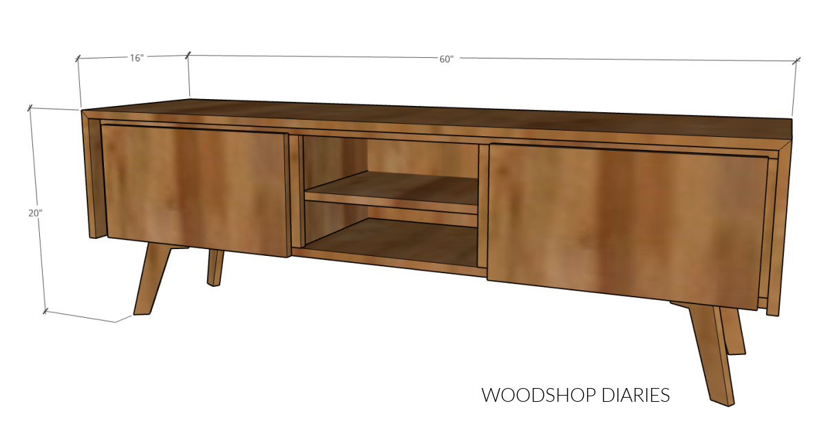 Dimensional diagram of mid century modern console cabinet