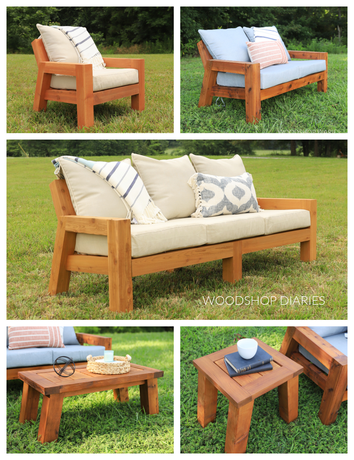 Collage image showing matching outdoor wooden furniture--chair, loveseat, sofa, coffee and side table included in collage