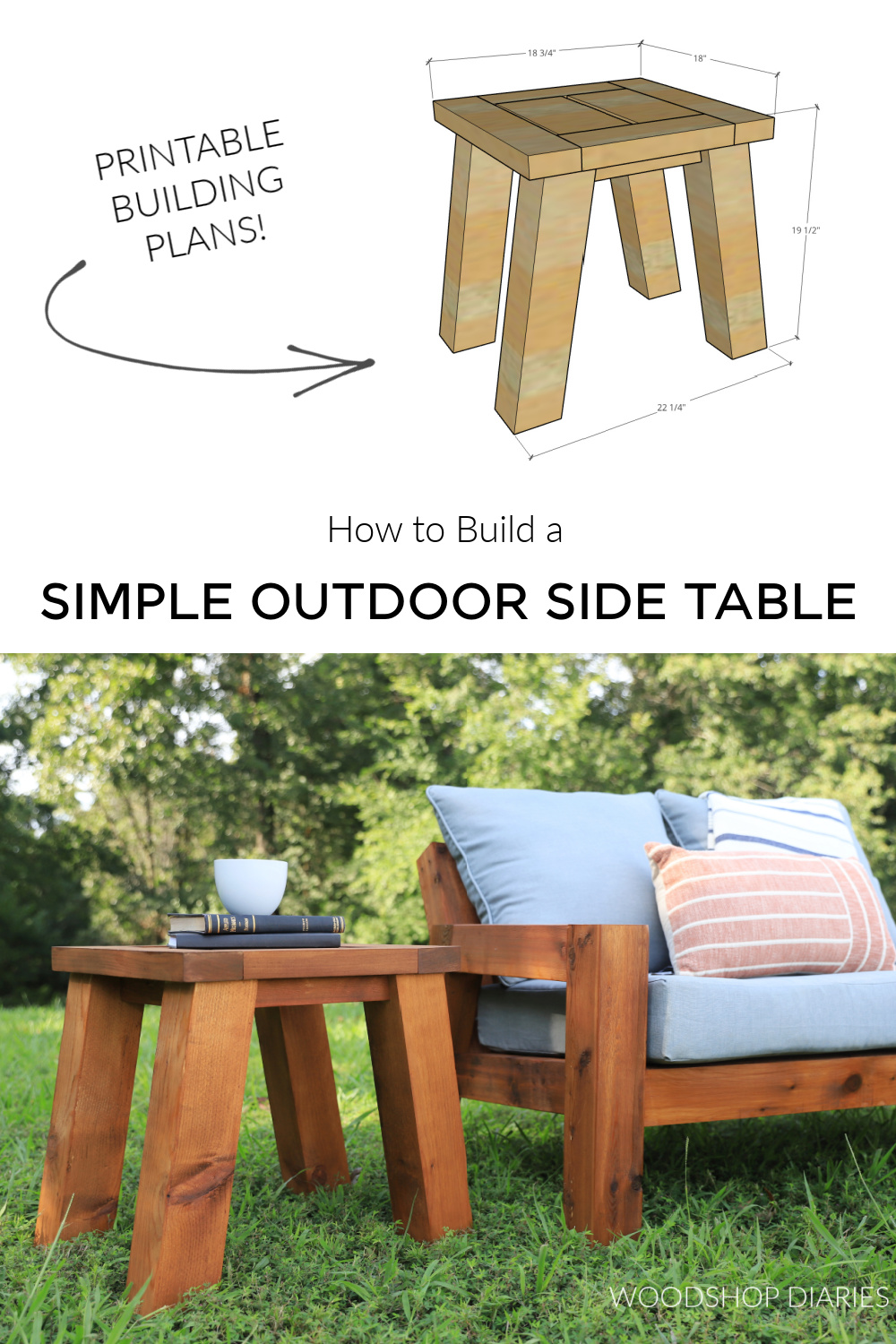 Pinterest collage image showing overall dimensional diagram at top and completed outdoor side table at bottom with text "how to build a simple outdoor side table"