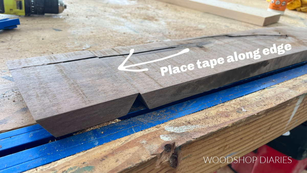 floating shelf pieces laid long side up on workbench side by side with arrow pointing to edge with text reading "place tape along edge"