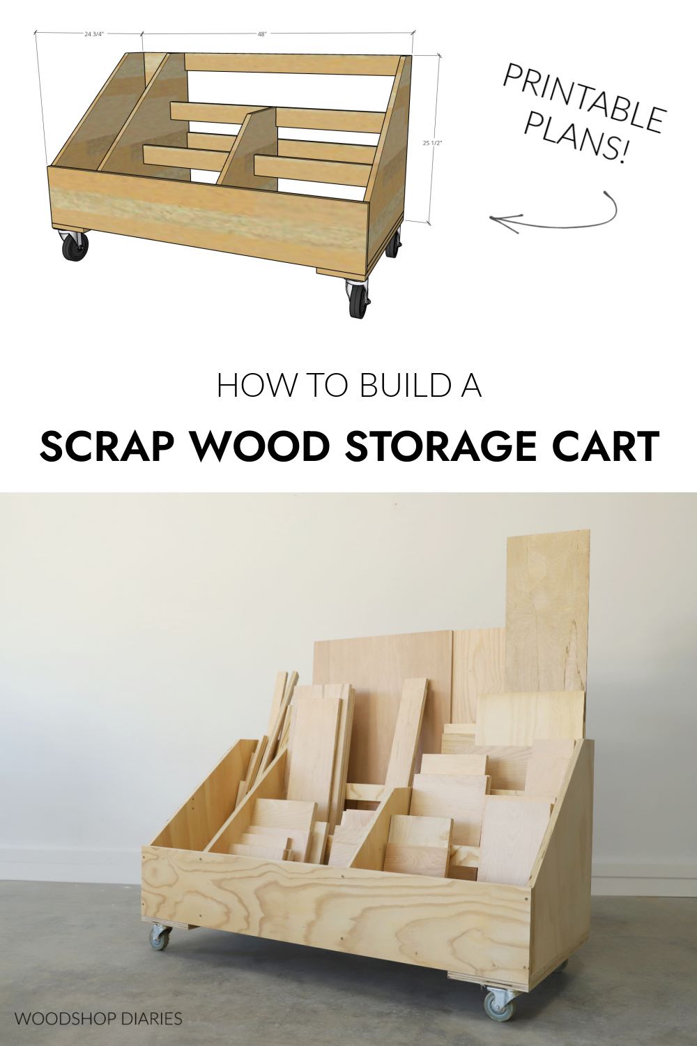 Pinterest collage image showing overall dimensional diagram at top and full scrap wood cart at bottom with text "How to build a scrap wood storage cart printable plans"