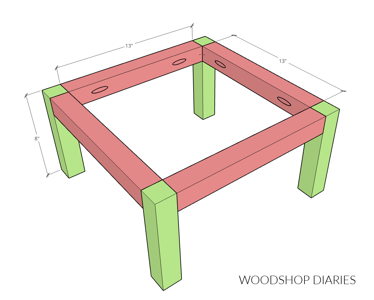 Dimensional diagram of bookshelf base made using 2x2s and pocket holes
