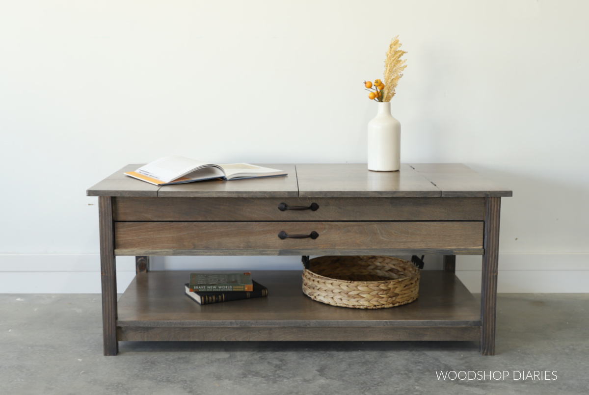 Front view of puzzle coffee table with top and drawer closed