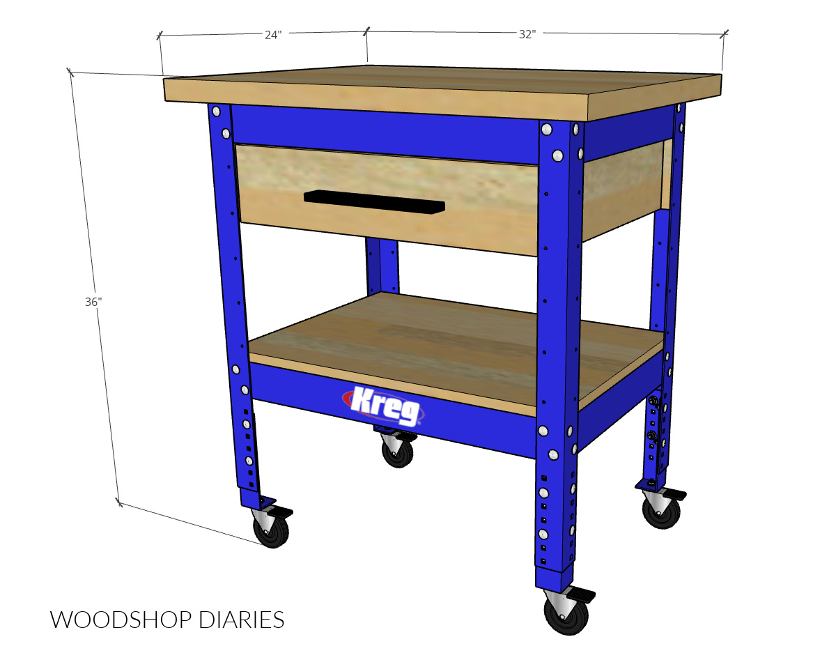 Overall dimensional diagram showing workbench for small space design with drawer and open shelf