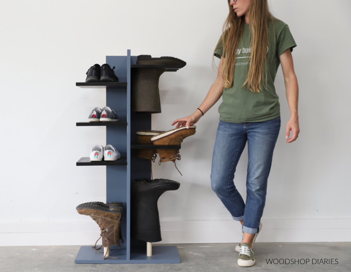 Shara Woodshop Diaries sliding boot into slot on shoe organizer shelf