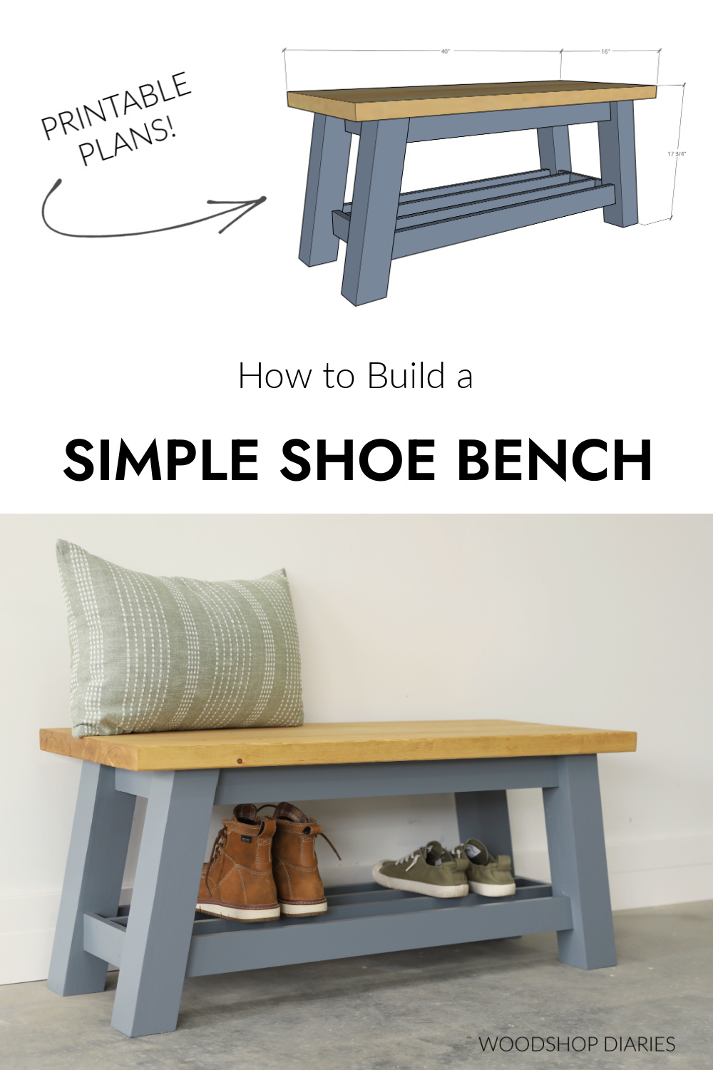 Pinterest collage image showing overall dimensional diagram at top with completed DIY shoe bench at bottom with text "how to build a simple shoe bench printable plans"