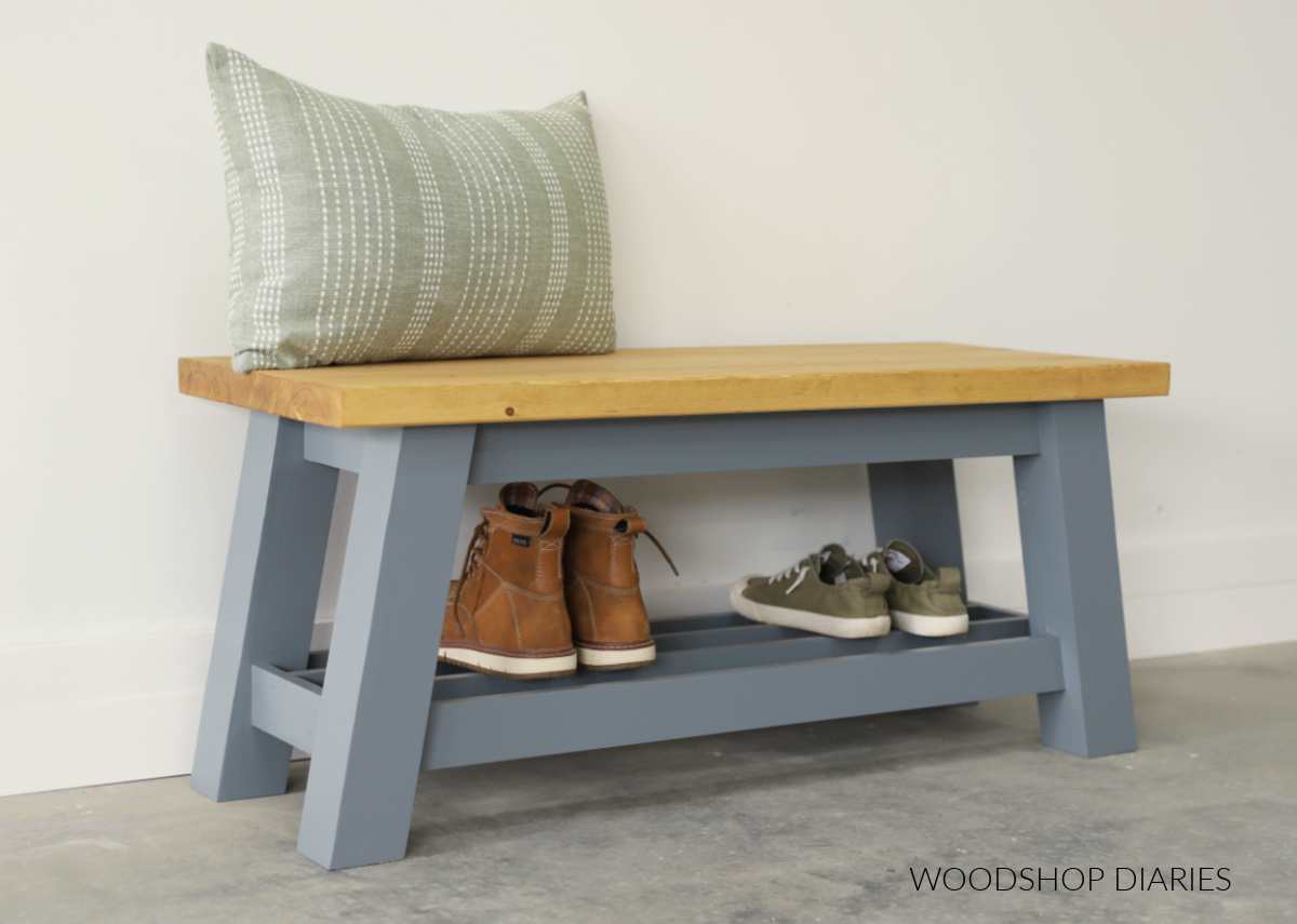 Simple wooden bench with shoe shelf--painted blue grey with a stained wood seat