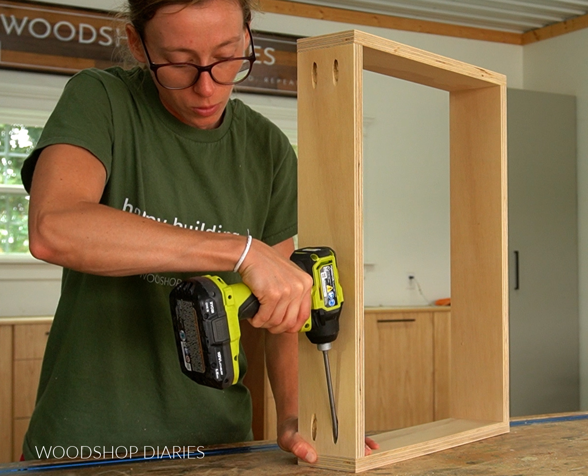 Shara Woodshop Diaries assembling basic drawer box on workbench using pocket holes and screws