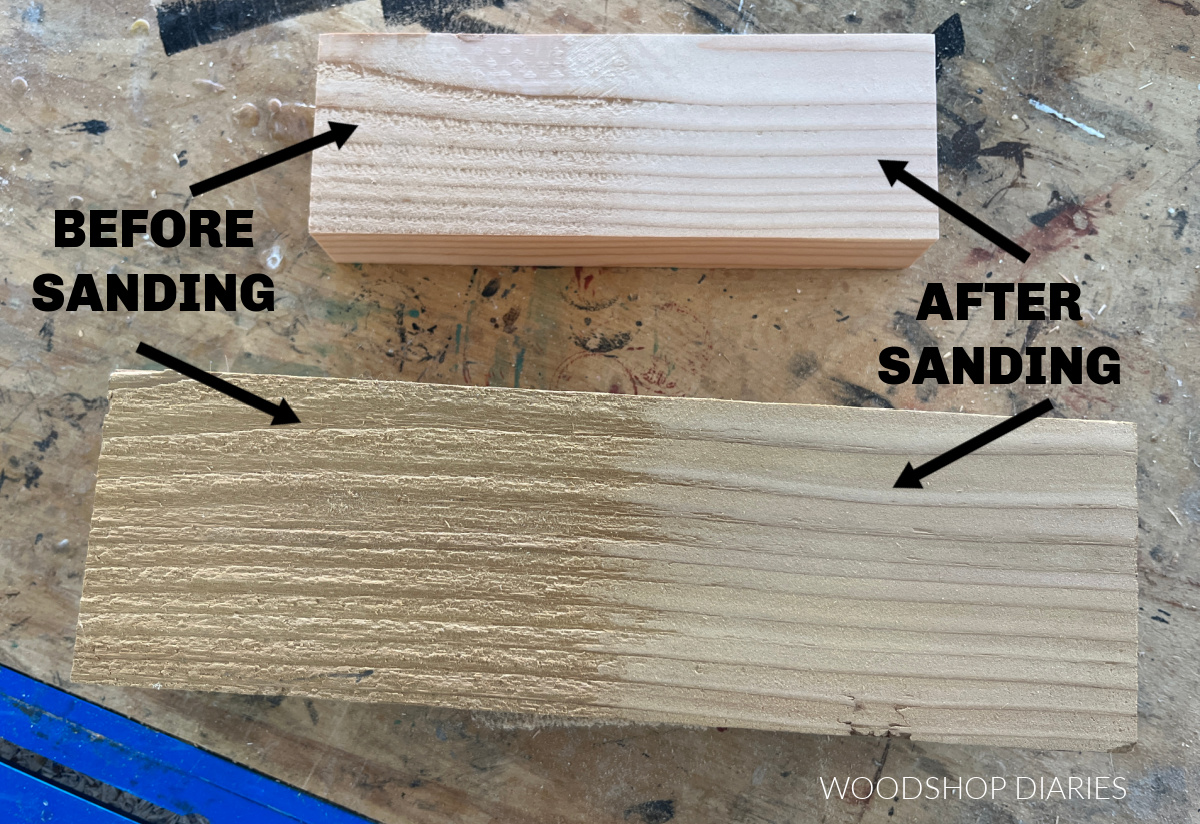 rough 2x4 at top and rough 4x4 at bottom showing left side before sanding and right side after sanding