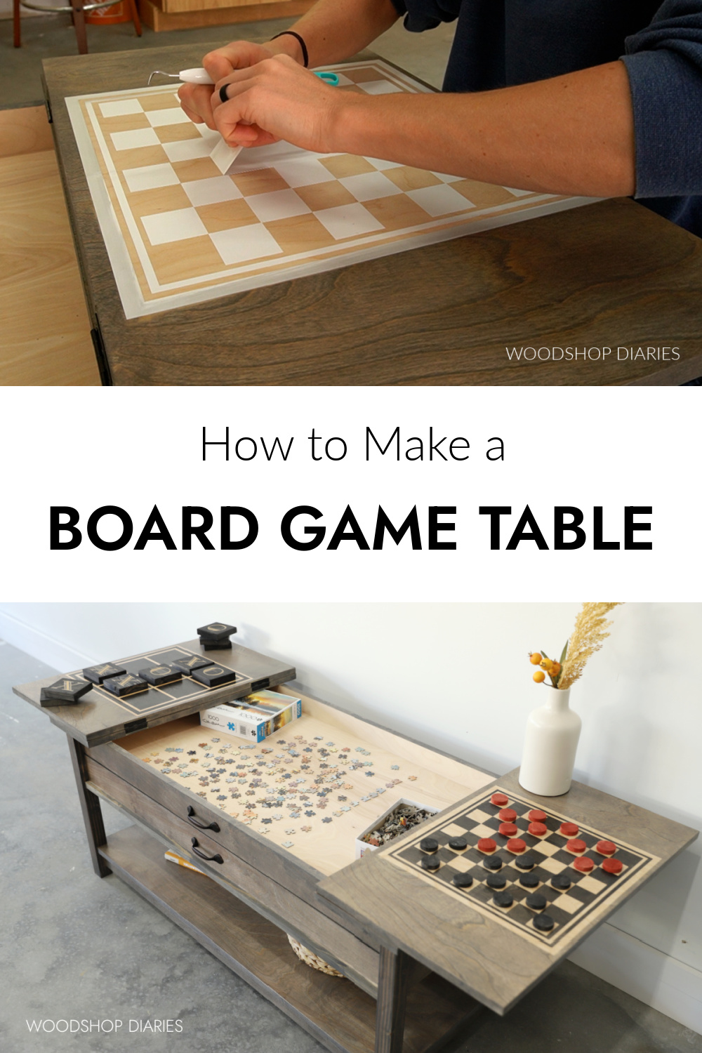 Board game table pinterest collage image showing stencil at top and completed table at bottom with text "how to make a board game table"