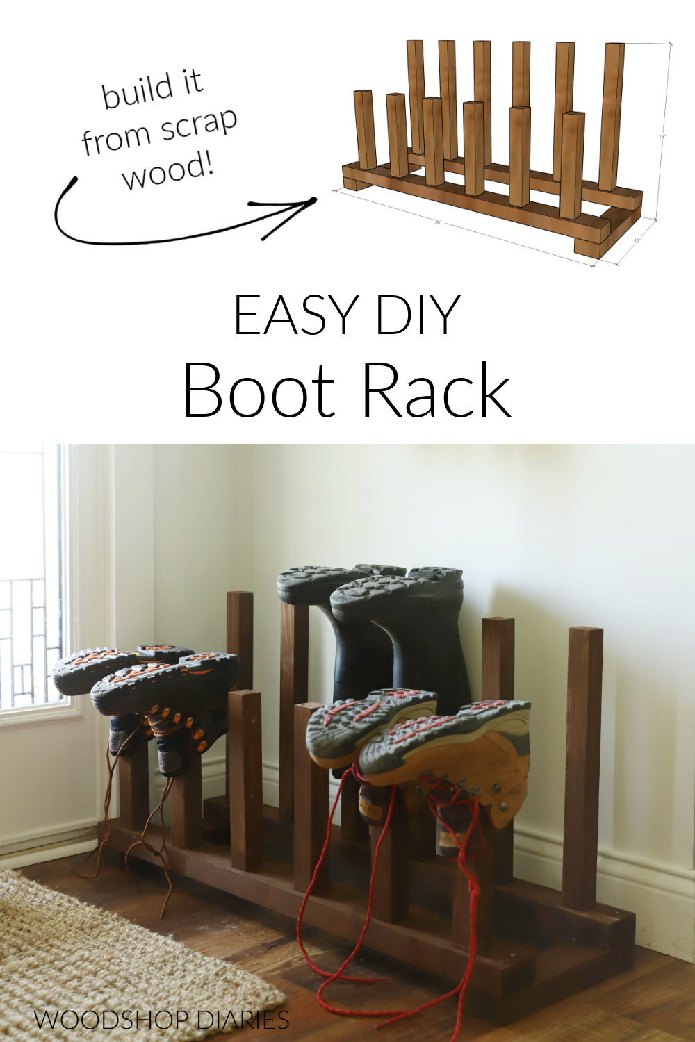Pinterest collage showing dimensional diagram at top and completed boot rack on bottom with text "build it from scrap wood easy DIY boot rack"