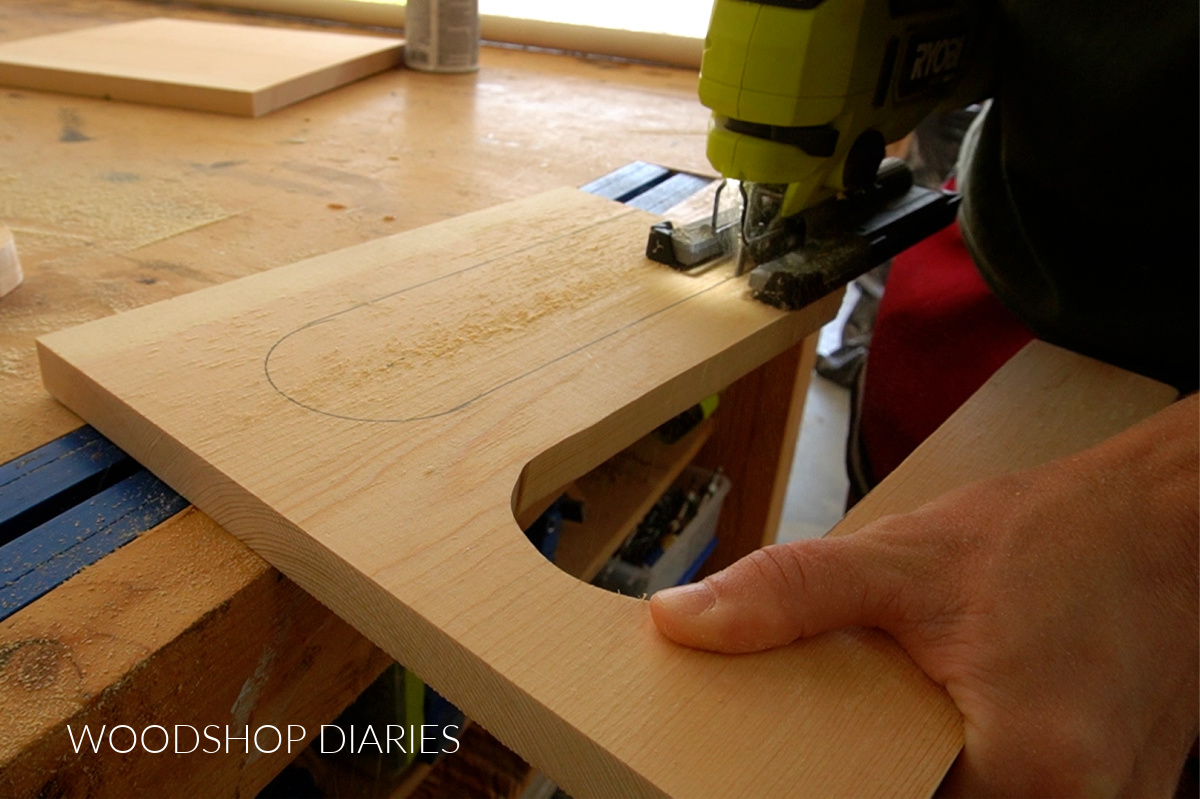 cutting out boot slots on shoe shelf with jig saw