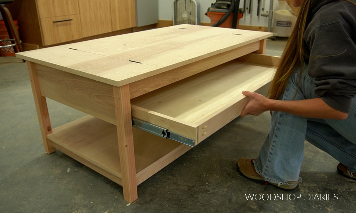 Shara Woodshop Diaries installing drawer box onto drawer slides in coffee table