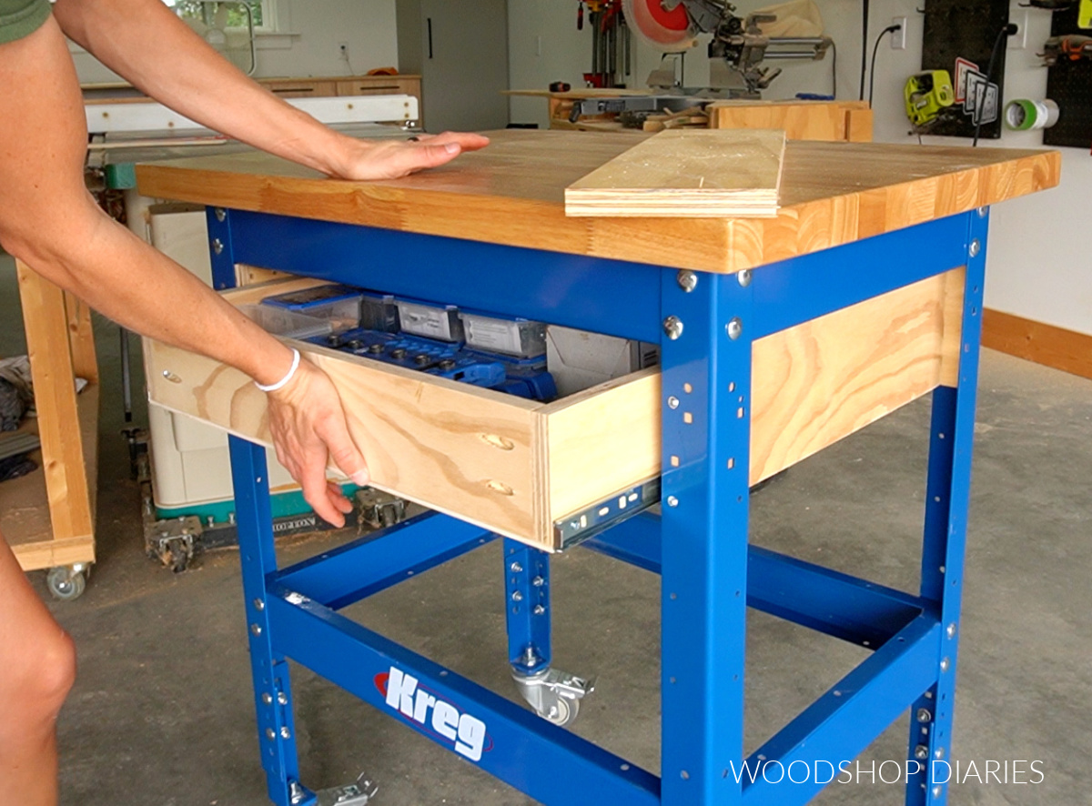 Installing drawer box into small DIY workbench at top with slides