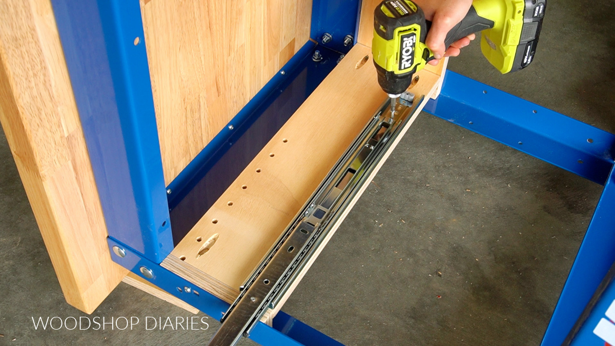 Securing drawer slides into small space workbench using wood screws