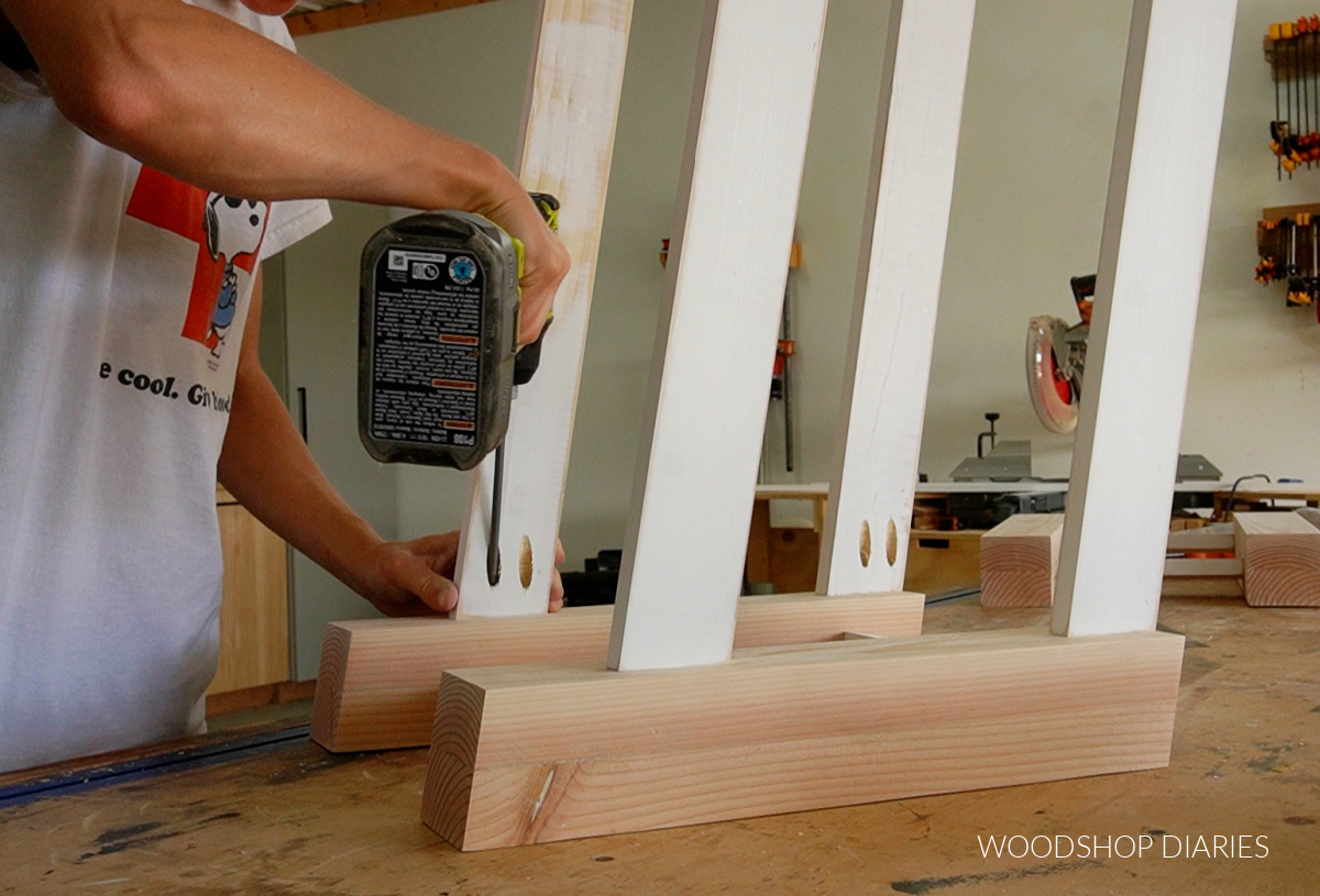 Shara Woodshop Diaries installing front and back bench frame supports with pocket holes and screws