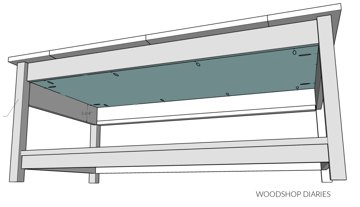 Diagram showing puzzle compartment bottom panel installed with pocket holes and screws