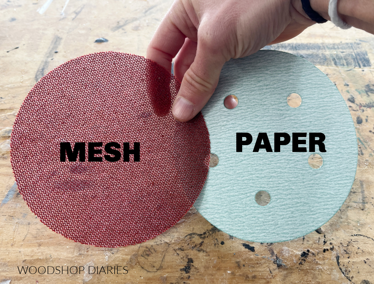 close up of mesh sanding disc next to paper sanding disc