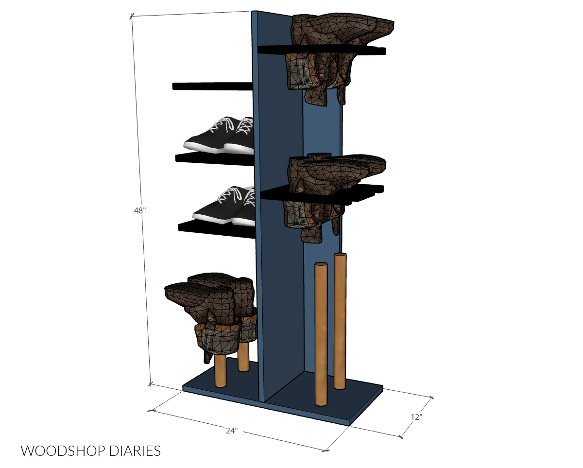 Overall dimensions of DIY shoe organizer with shelves