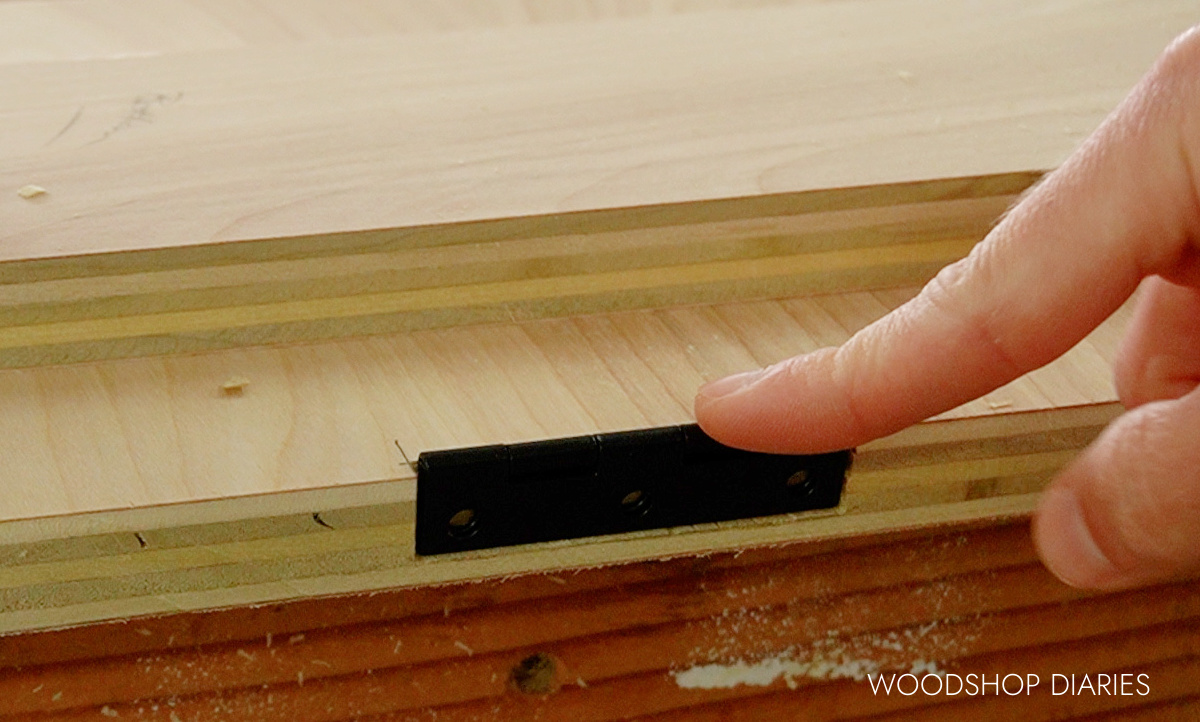 Mortise cut into plywood to install hinge