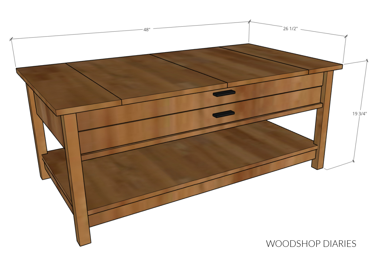 Overall dimensional diagram of simple puzzle coffee table with flip tops