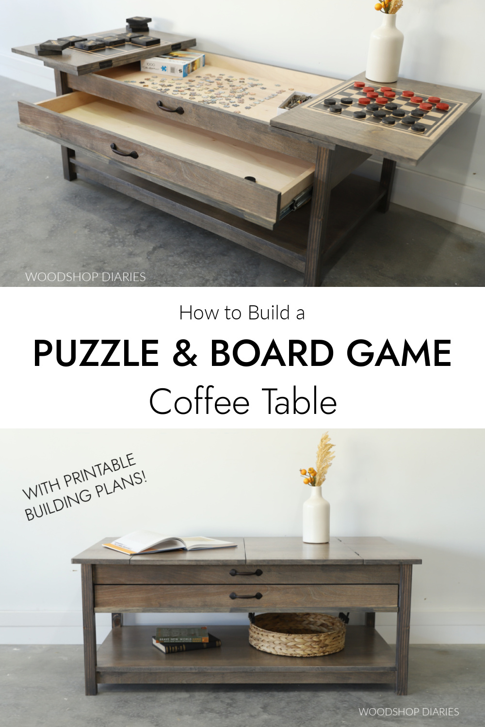 Puzzle table pinterest collage showing open coffee table at top and closed table at bottom with text "how to build a puzzle and board game coffee table"
