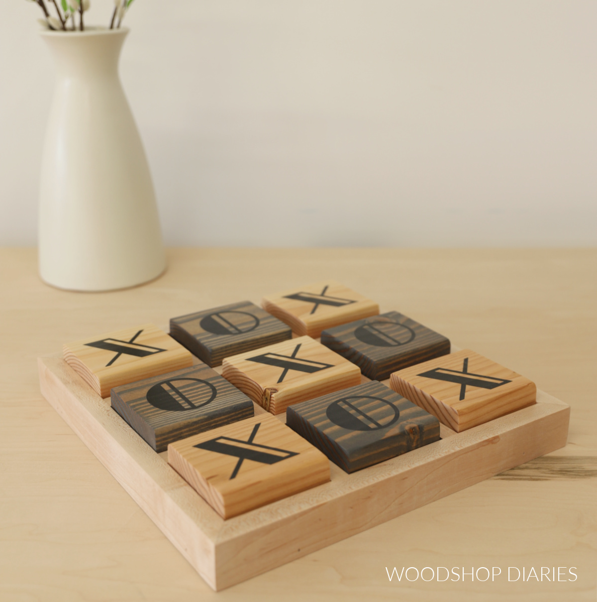 DIY Wooden tic tac toe board with pieces in place--contrasting game board colors