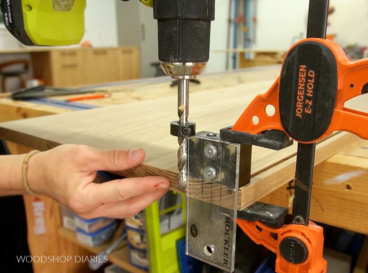 Setting drill bit depth on side panel with dowel jig