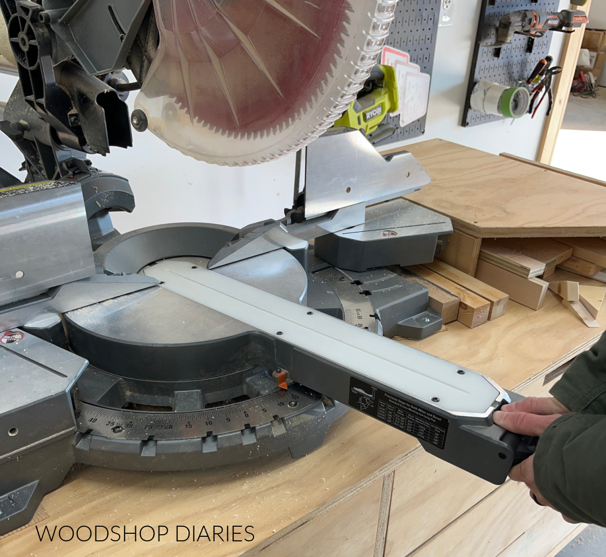 Shara Woodshop Diaries adjusting miter saws miter angle at saw base