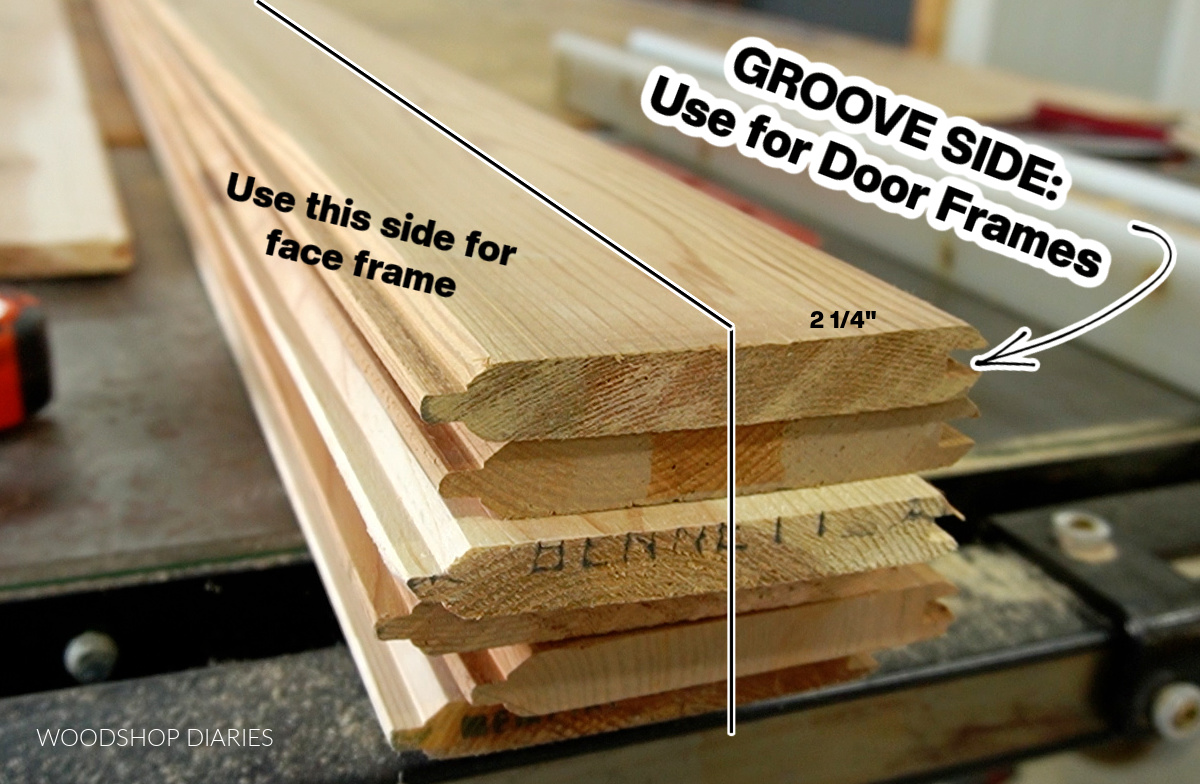 Close up of cedar tongue and groove boards with arrow pointing to groove side and text "Use this side for face frame" on left side