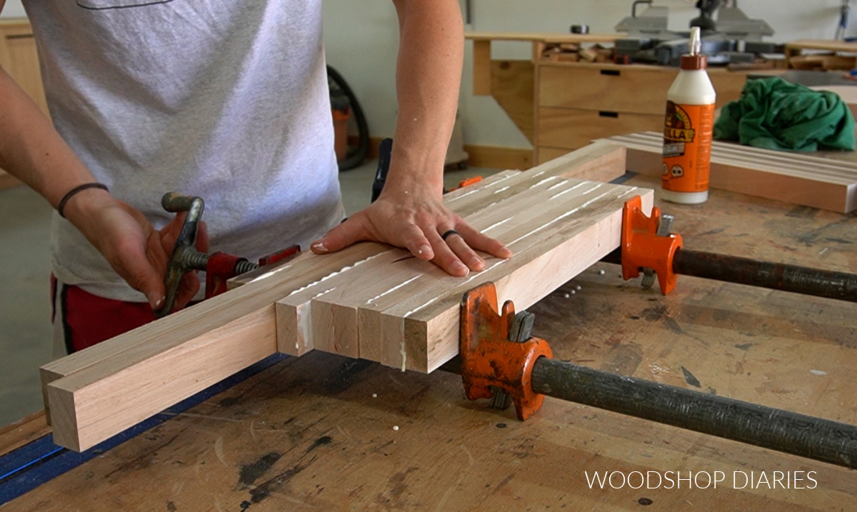 clamping up half of basic cutting board pieces in pipe clamps