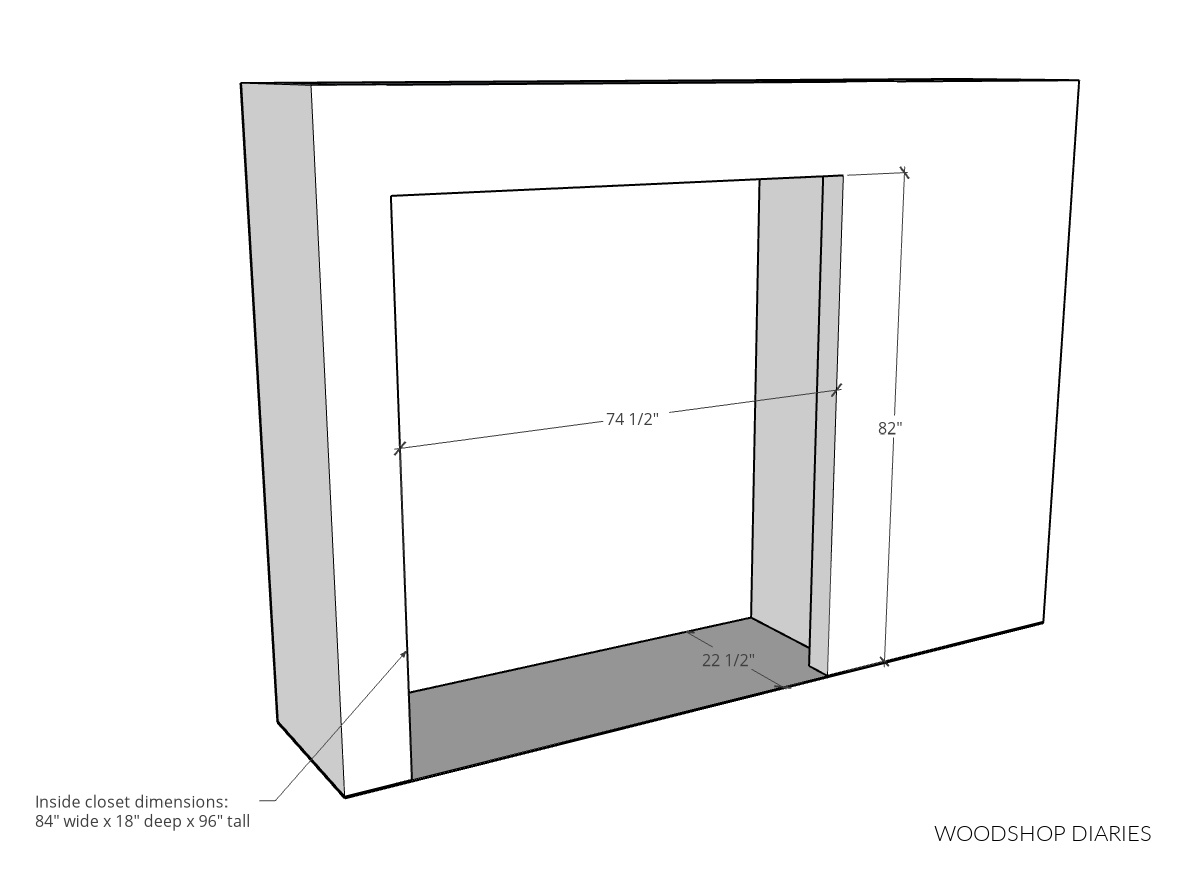 diagram showing hallway closet dimensions 