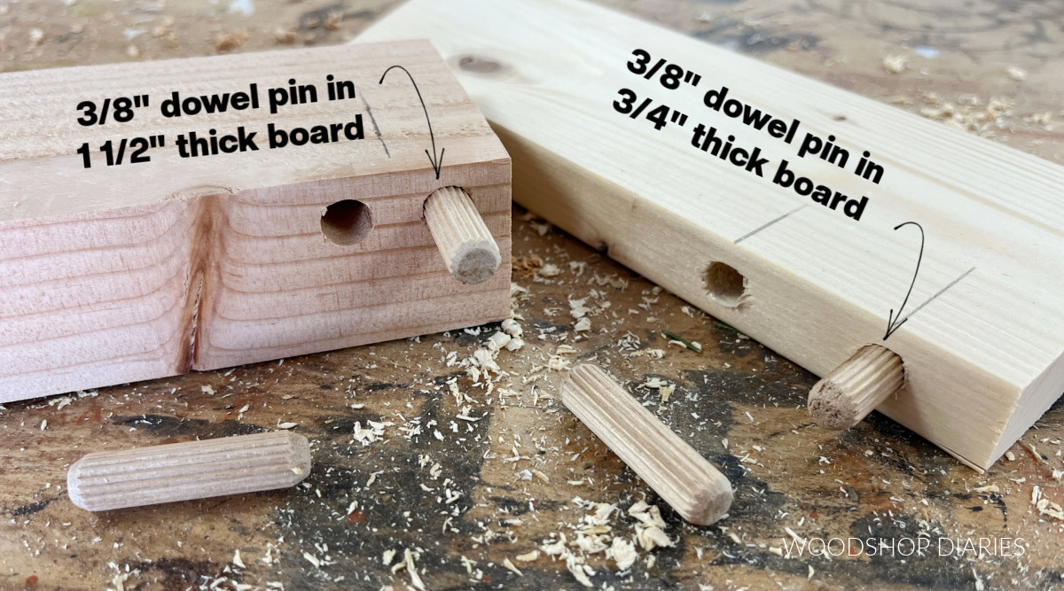 2x material with ⅜" dowel pin laying on workbench next to 1x material with ⅜" dowel pin to show sizing difference