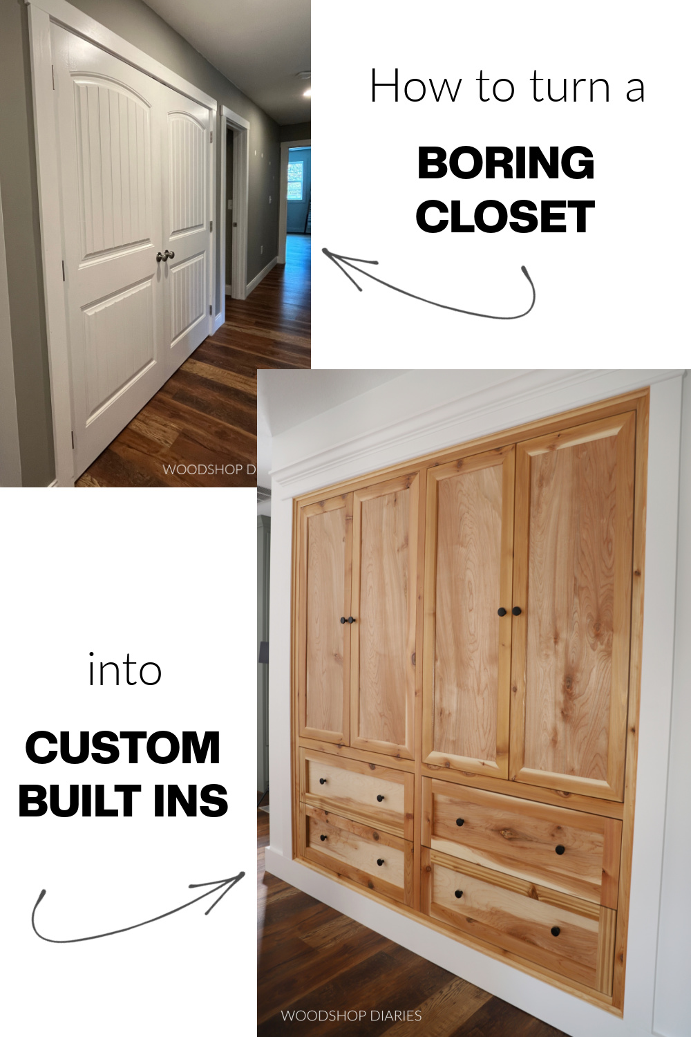 Hallway closet to built ins pin image collage showing before closet doors at top left and completed built in cabinets at bottom right with text "how to turn a boring closet into custom built ins"